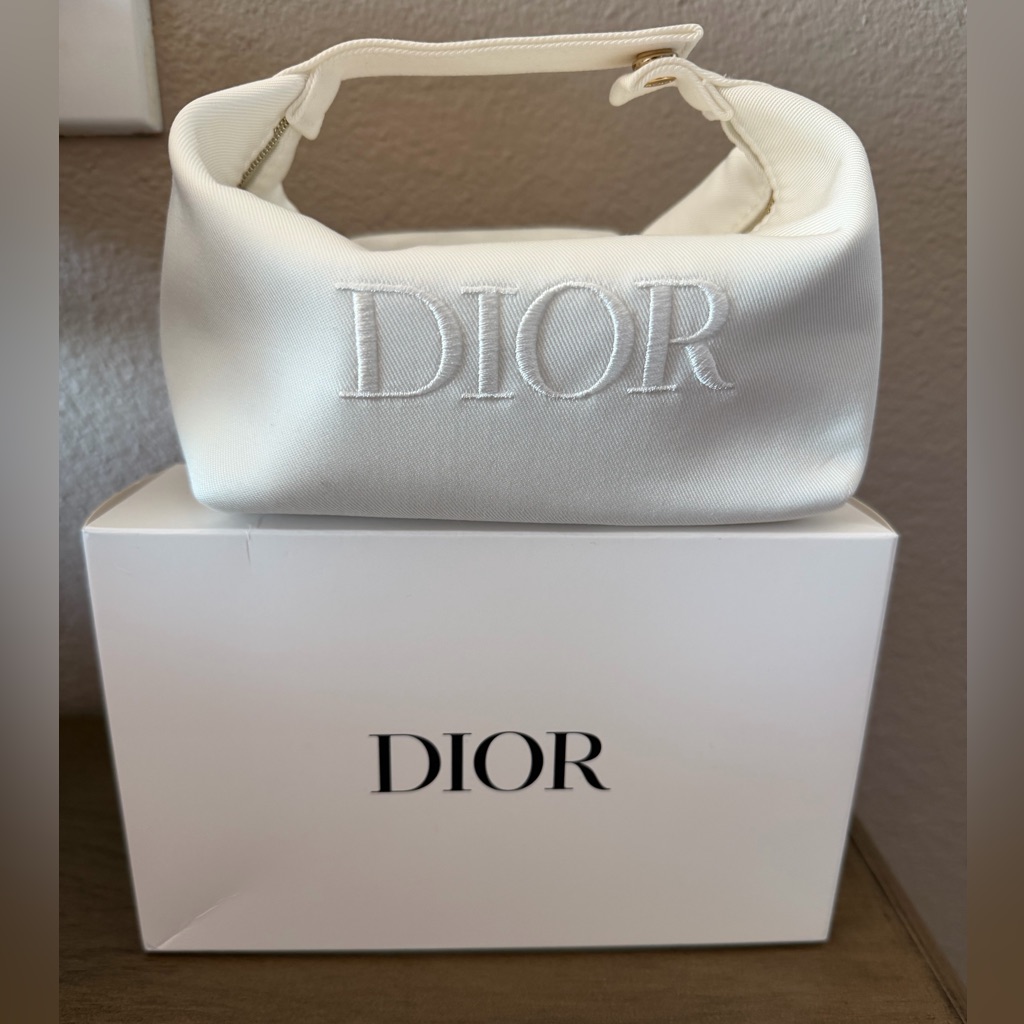 Dior White Embroidered Logo Cosmetic Pouch
